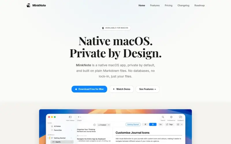 MinkNote homepage showing Private notes in Markdown files