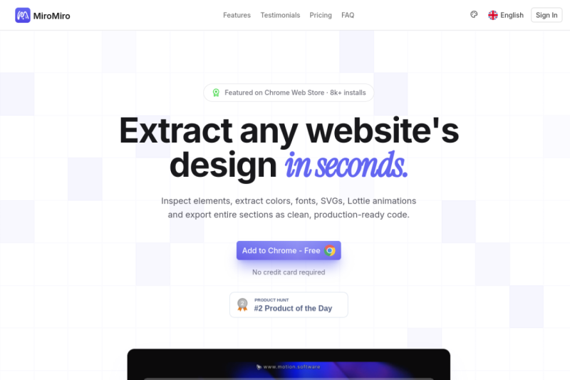 MiroMiro homepage showing design asset extraction and export to clean code, saving developers and