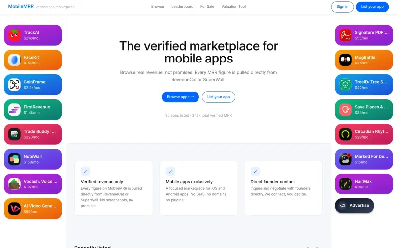 MobileMRR homepage showing Buy mobile apps with verified MRR from RevenueCat or Superwall