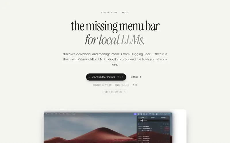 ModelHub homepage showing Unify your local LLMs in a single macOS app