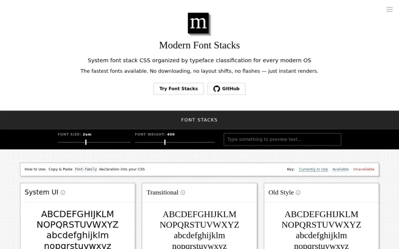 Modern Font Stacks homepage showing System font stacks for instant, no-shift web renders