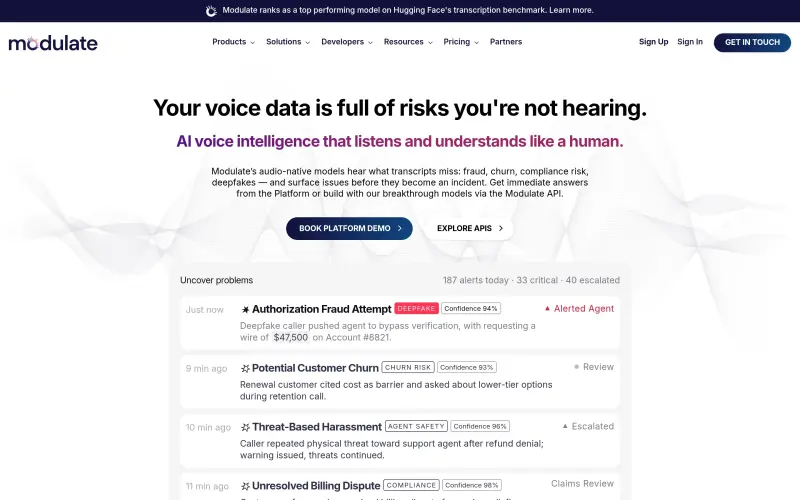 Modulate homepage showing AI voice intelligence that listens and understands like a human