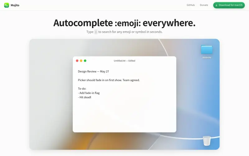 Mojito homepage showing Type colons for instant emojis