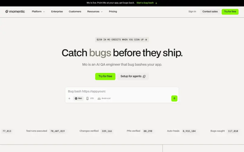 Momentic homepage showing AI-powered app testing for precise results