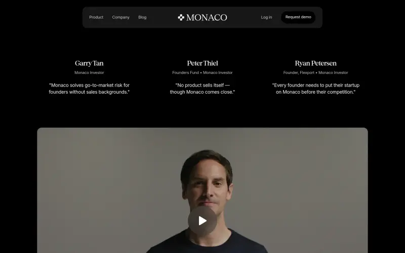 Monaco homepage showing Revenue automation that replaces your CRM and runs outbound