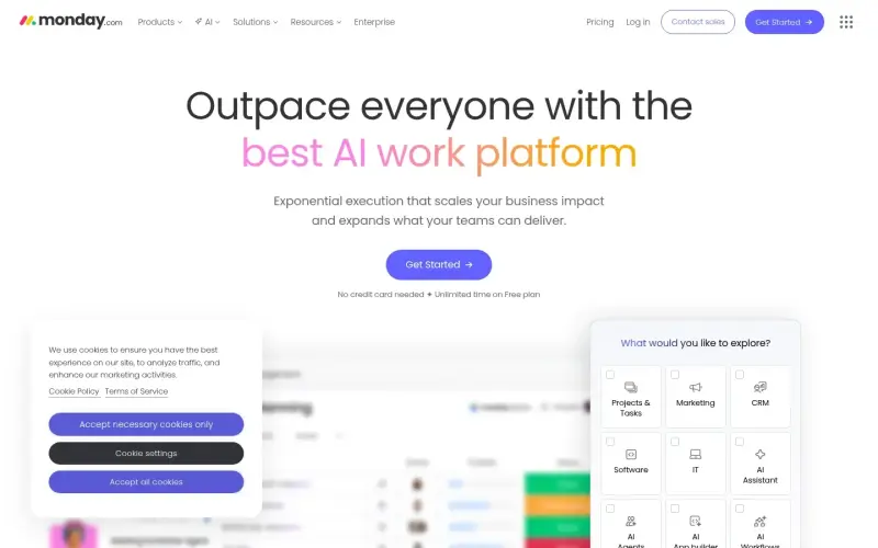 monday.com homepage showing Streamline work and drive exponential execution with monday.com's AI-driven