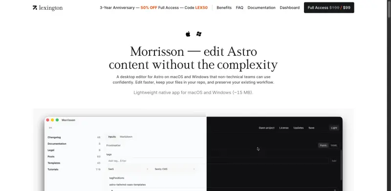 Morrisson CMS for Astro homepage showing Morrisson streamlines content management, empowering mixed teams to edit and