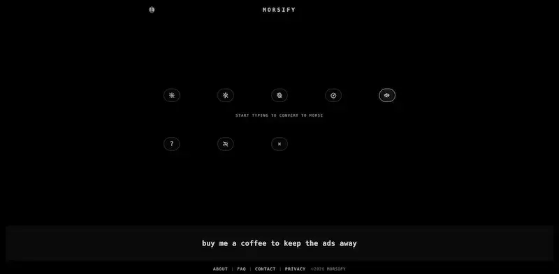 Morsify homepage showing Free web-based Morse code translator with audio, visual, and vibration