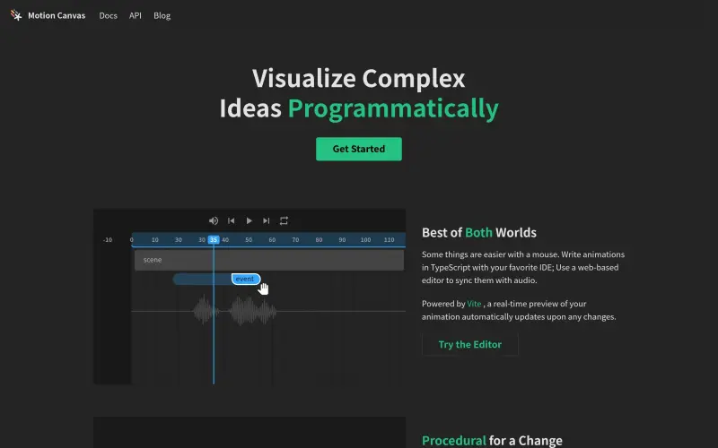 Motion Canvas homepage showing Programmable motion graphics with a real-time editor for developers