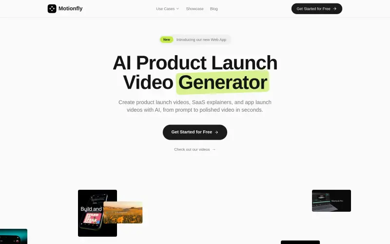 Motionfly homepage showing AI generates launch videos from text