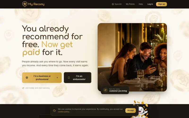 My Recomy homepage showing Get paid for recommendations that drive real business results