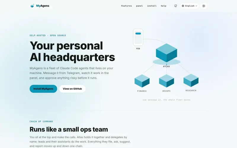 MyAgens homepage showing Self-hosted AI agents on your machine