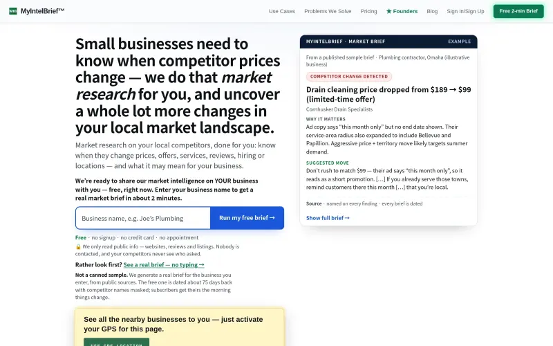 Myintelbrief homepage showing Local competitor market research, done for you: track prices, offers, reviews