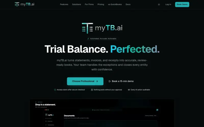 myTB.ai homepage showing Automated bookkeeping and trial balance software for accounting firms