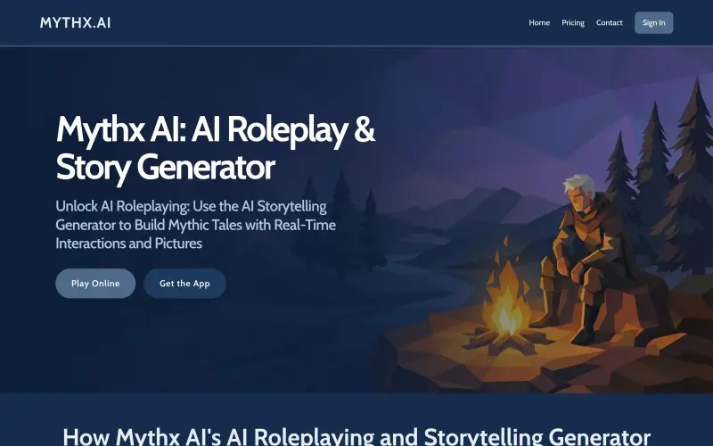 Mythx.AI homepage showing Generate immersive AI roleplay adventures