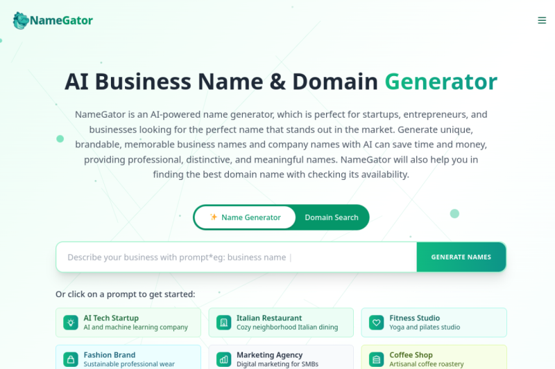 ⚡NameGator homepage showing Discover your perfect business name and domain with NameGator's AI technology