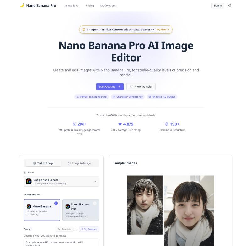 Nano Banana Pro homepage showing Create & edit images with text. Nano Banana Pro offers 4K output, perfect text