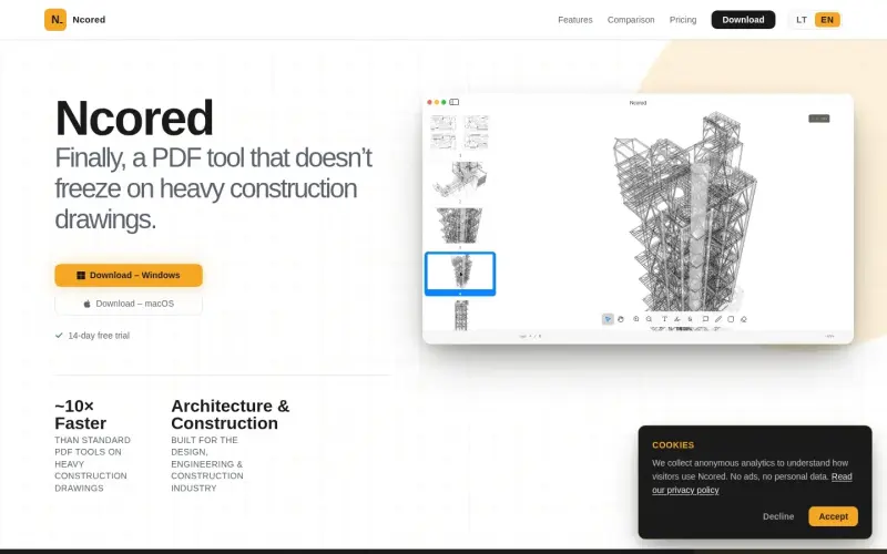 Ncored homepage showing Fast PDF viewer for large CAD files