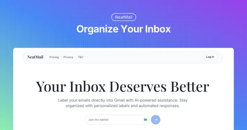 NeatMail homepage showing AI-powered email labels that auto-organize your Gmail inbox effortlessly