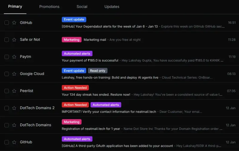 NeatMail interface screenshot 2 showing AI-powered email labels that auto-organize your Gmail inbox effortlessly