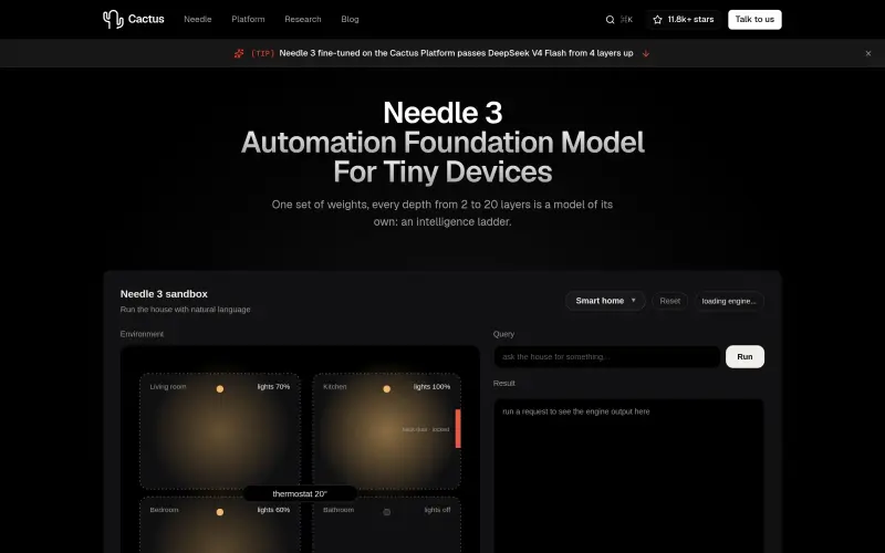 Needle 3 homepage showing Tiny Device Automation with AI Efficiency