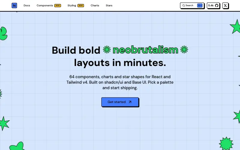 Neobrutalism components homepage showing Elevate your UI with React and Tailwind neobrutalism components