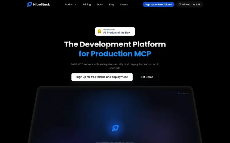NitroStack homepage showing MCP platform for building secure MCP servers, deploying to production