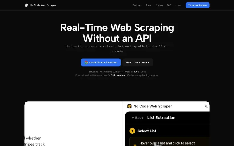 No Code Web Scraper homepage showing Extract data from any website