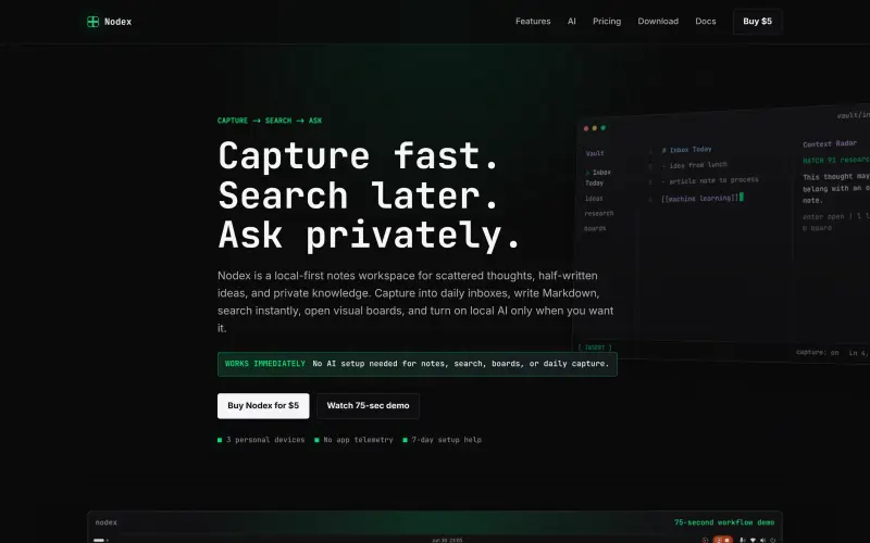 Nodex homepage showing Local notes app for fast capture and search