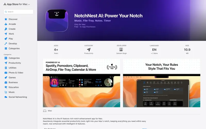 NotchNest AI homepage screenshot - Unlock your Mac's notch with AI-powered productivity tools