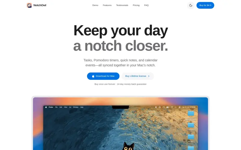 NotchOwl homepage showing Streamline your Mac workflow with task management and focus timers