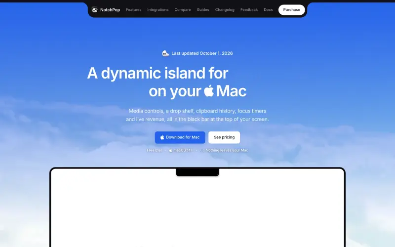 Notchpop homepage showing Transform Your Mac's Notch into a Dynamic Music Hub