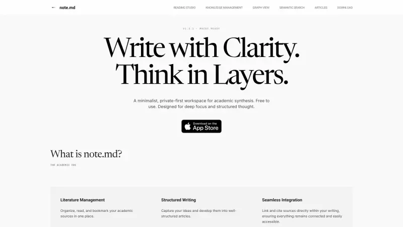note.md homepage showing Local-first workspace for writing, research, and structured thought