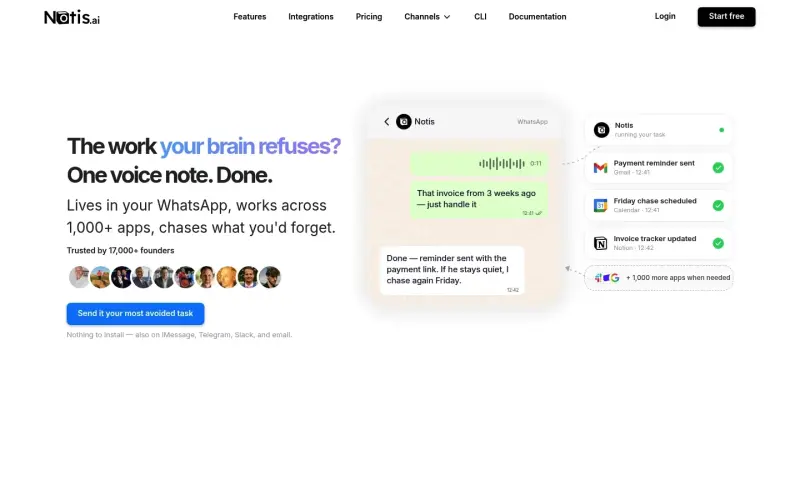 Notis homepage showing AI personal assistant for 1,000+ apps