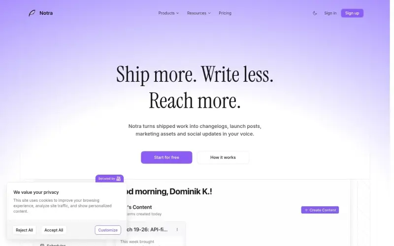 Notra homepage showing Turn shipped work into changelogs, posts, and updates in your voice