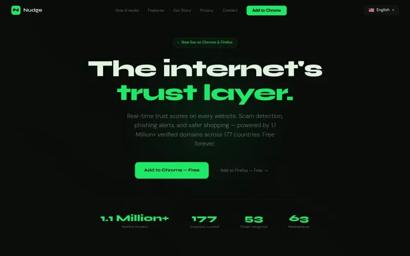 Nudge homepage showing Real-time trust scores for websites