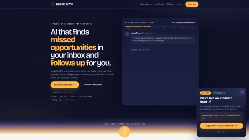 NudgeForMe homepage showing AI finds quiet conversations, drafts your next follow-up