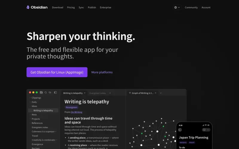 Obsidian homepage showing Private note taking app