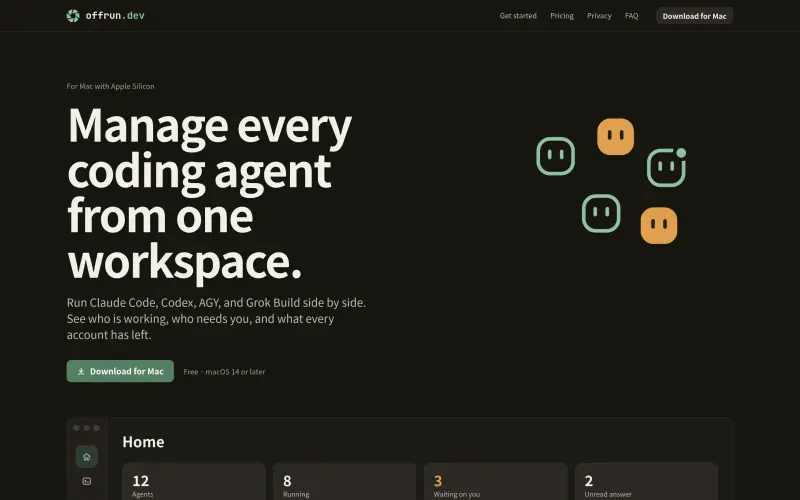 Offrun homepage showing Run multiple AI agents in parallel, reviewed