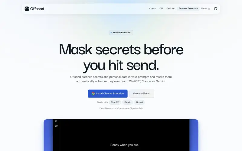 Offsend Extension homepage showing Mask API keys and secrets in Chrome
