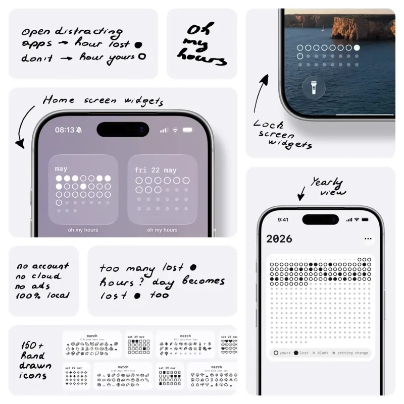 oh my hours App homepage showing distraction-free hours tracking