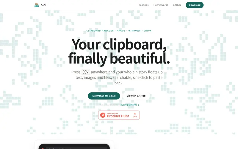 oioi homepage showing Clipboard history at your fingertips