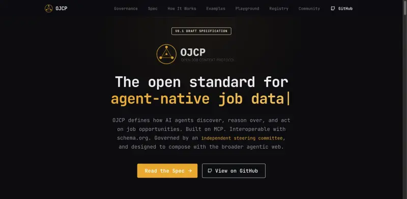 OJCP homepage showing The open protocol for AI job discovery and application