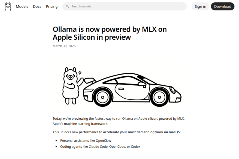 Ollama v0.19 homepage showing Unlock faster performance and higher quality responses with Ollama's MLX