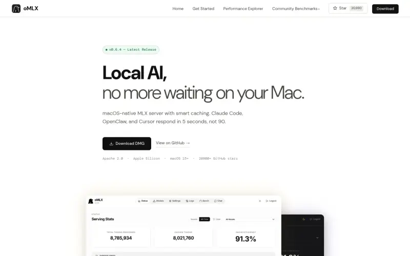 oMLX homepage showing Local LLM inference on your Mac cutting agents response time from 5 seconds to