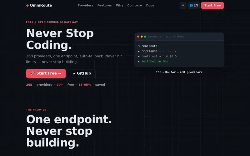 OmniRoute homepage showing Free AI router for multi-provider LLMs with auto-fallback