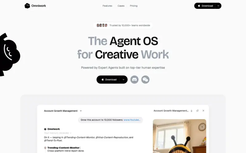 Omniwork homepage showing Orchestrate creative work with AI Expert Agents