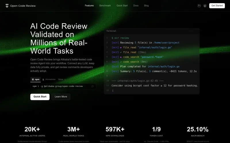Open Code Review homepage showing An open-source AI code review agent that connects to any LLM to deliver