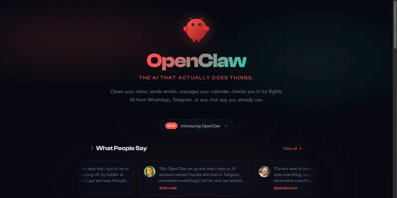 OpenClaw homepage showing Turn your favorite messaging apps into a powerful command center. OpenClaw