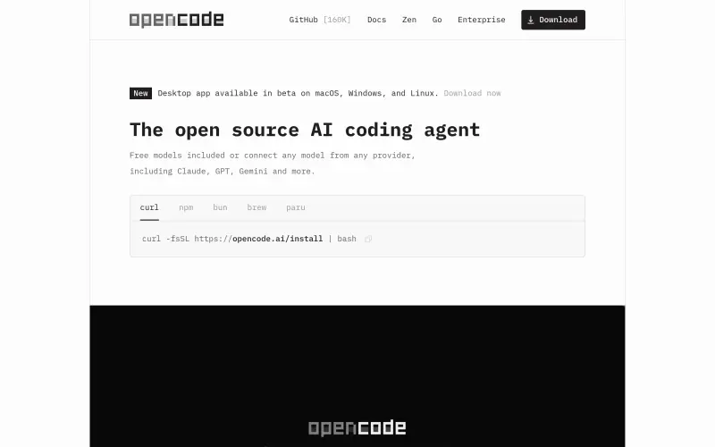 OpenCode homepage showing AI coding agent for terminals and IDEs